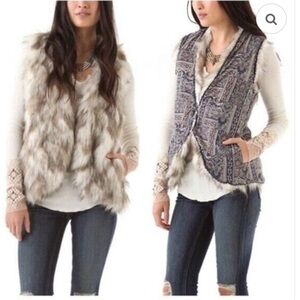 Free People Reversible Faux Fur and Patterned Vest - Cream and Blue